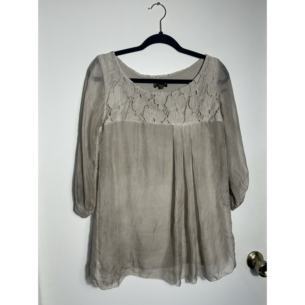 Amanti Silk Crochet Lace Trim Blouse Grey Taupe Boho Romantic Top Small